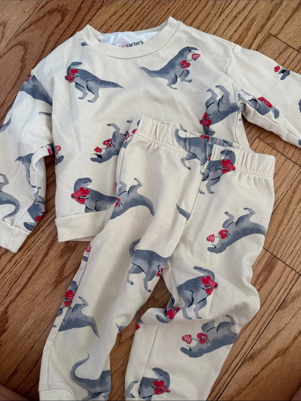 Carter's Cream sweat Set with Gray Dinosaurs and Red Hearts